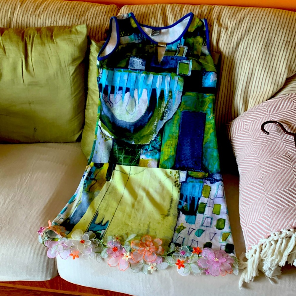 Simply ART Dolcezza blue & green jersey dress. Owned, unique print.